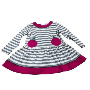 Florence Eiseman Girls 3T Stripe Knit Dress Gray Apple Appliques Casual